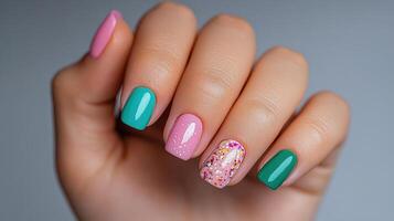 A woman's hand with pink and green manicured nails photo