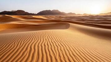Golden desert dunes stretch across horizon, illuminated by soft sunlight, creating serene photo