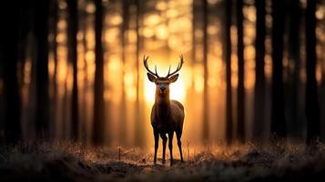 Majestic deer standing forest sunset, surrounded by tall trees, creating serene atmosphere photo