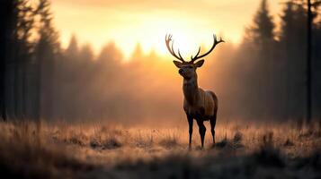 Majestic deer standing in misty field at sunset, surrounded by trees and soft light photo