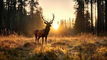 Majestic deer standing in golden meadow at sunset, surrounded by tall trees photo
