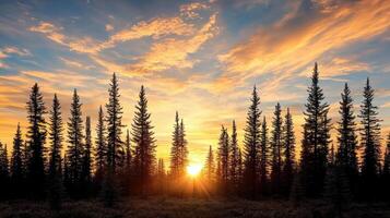 Majestic pine trees silhouetted against vibrant sunset sky, creating serene atmosphere photo