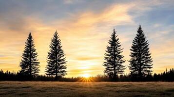 Majestic pine trees silhouetted against vibrant sunset sky create serene atmosphere photo