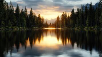 serene lake surrounded by tall trees reflects stunning sunset, creating peaceful atmosphere photo