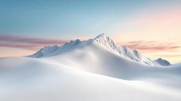 Snow covered mountain ridge glowing in warm sunset tones, creating serene atmosphere photo