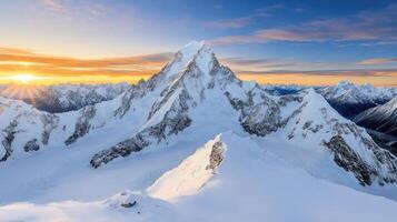 Majestic snow covered peaks at twilight, glowing in warm orange hues, create breathtaking scene photo