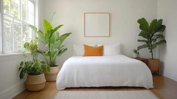 A white bedroom with a bed, potted plants and a framed picture photo