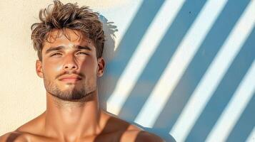 A shirtless man with his eyes closed looking up photo