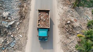 An aerial view of a dump truck driving down a dirt road photo