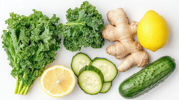 A white surface with cucumbers, lemons, ginger, kale and other vegetables photo