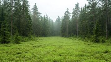 A green field with trees and grass in the middle photo