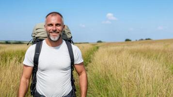 A man with a backpack standing in a field photo