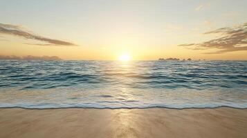 A beach scene with the sun setting over the ocean photo