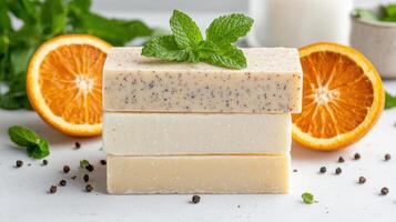 Three different types of soap with oranges and mint photo