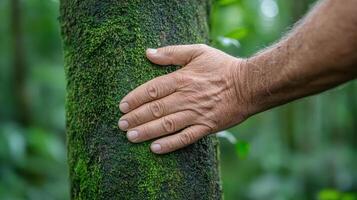 A hand touching a tree trunk with moss on it photo