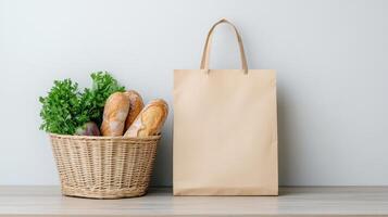 Bread bag and basket on wooden table with copy space photo