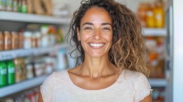 A woman is smiling in front of a shelf of food photo