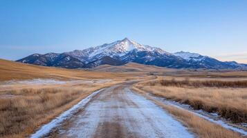 A dirt road leads to a snowy mountain range photo