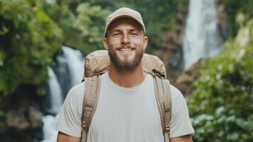 A man with a backpack standing in front of a waterfall photo
