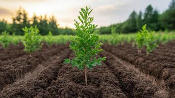 A young tree is growing in the middle of a field photo