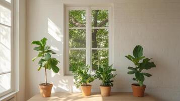 Three potted plants sit on a table in front of a window photo