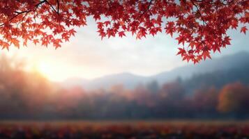 Autumn leaves on a tree in front of a mountain photo