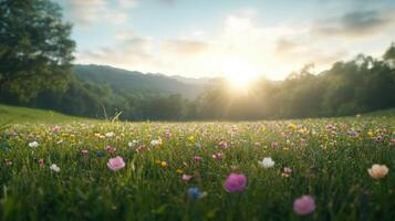 A field of flowers and grass with the sun shining photo