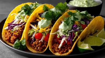 Three tacos with lettuce, cheese and sour cream photo