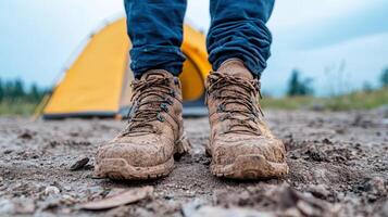 A person wearing boots standing in front of a tent photo