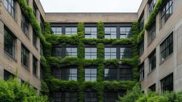 An apartment building with green plants growing on the walls photo