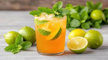 A glass of orange juice with mint leaves and lime photo