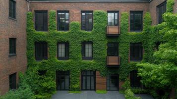 An apartment building with ivy growing on the walls photo