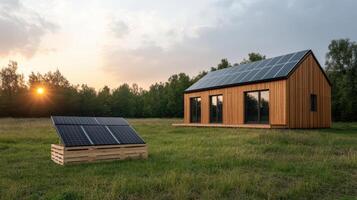 A small cabin with solar panels on the roof photo