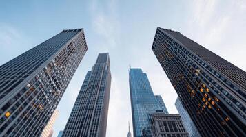 Three tall buildings in the city with blue sky photo