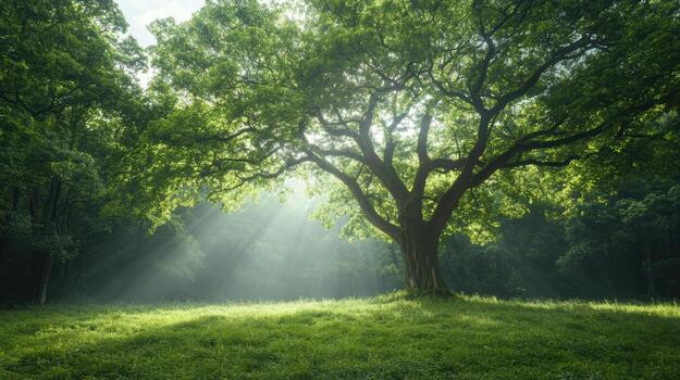 Majestic tree with lush green leaves, sunlight filtering through branches, serene atmosphere photo
