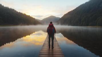 Serene lake at dawn with solo hiker on wooden pier, surrounded by misty mountains photo