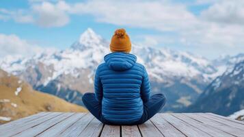 Person bundled blue jacket and orange beanie sits peacefully, admiring snow covered mountain photo