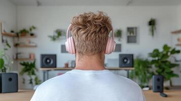Focused individual wearing headphones in modern workspace surrounded by plants photo