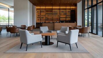 Cozy lounge area with modern furniture, warm lighting, and welcoming atmosphere photo