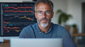 Professional man with glasses analyzing stock market data on laptop in modern office photo