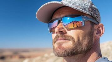 A man wearing sunglasses and a hat looking up at the sky photo