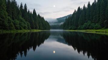 Serene forest landscape with reflective pool mirroring moon and surrounding trees photo