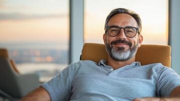 Relaxed man in cozy chair with view of sunset, enjoying peaceful moment photo