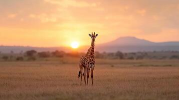 Majestic giraffe stands gracefully in golden savanna at sunset, creating serene atmosphere photo