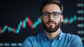 Professional investor analyzing stock market trends with confidence and focus photo
