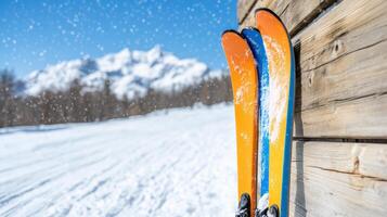 Bright skis leaning against wooden cabin wall, surrounded by falling snowflakes and mountains photo