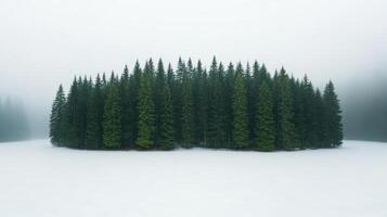 Serene forest of evergreen trees stands on snowy landscape, enveloped in mist photo