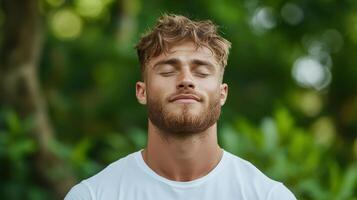 A man is meditating in the park photo