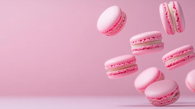 Delicate pink macarons floating gracefully against soft pink background, creating whimsical photo