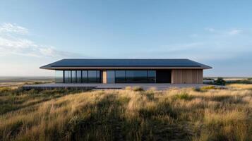 A modern house with solar panels on the roof photo